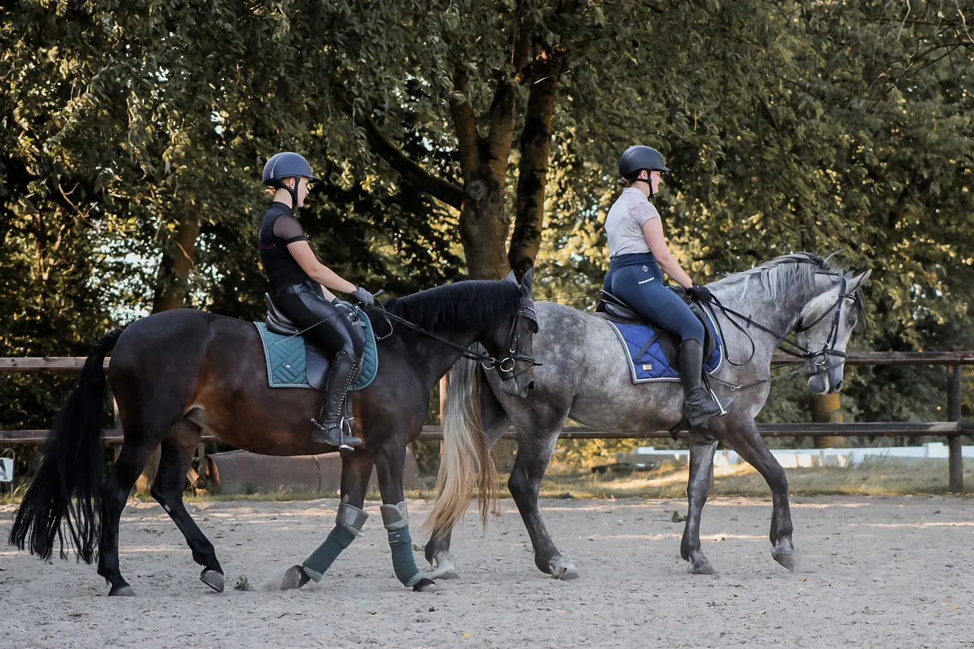 Zwei Reiterinnen im Schritt auf dem Reitplatz